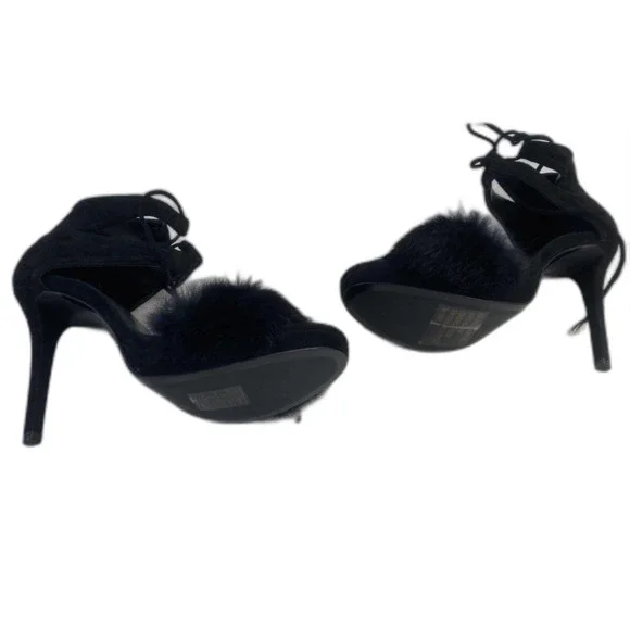 Michael Kors Black Remi Open Toe Dyed Rabbit Fur Strappy High Heel Shoes 7.5 - Picture 5 of 5